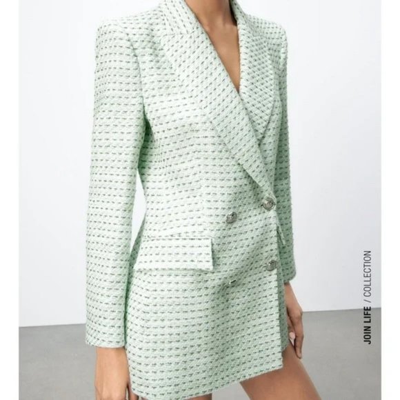 ZARA 2 Piece Textured Double Breastex Check Blazer And Structured Skirt - Picture 8 of 12